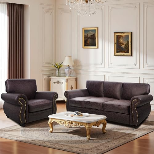 Mid-Century 3-Seater Sofa with Rivet Design, Removable Cover and Solid Wood Frame I150