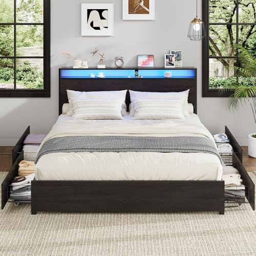 Full Size Bed Frame with Headboard, LED Lights, 4 Storage Drawers, Charging Station, Black C93321