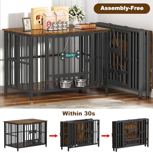 Easycom 41" Foldable Dog Crate Furniture with Adjustable Bowls, Rustic Brown M74490