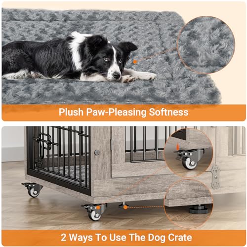 Lulive Dog Crate Furniture for Medium Dogs, 32" Wooden Kennel with Cushion & Wheels, Grey D230281