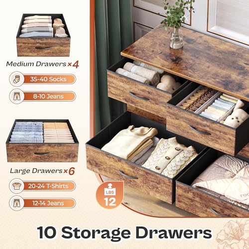 Huuger 63 Inch Dresser with 10 Fabric Drawers, Rustic Brown M836