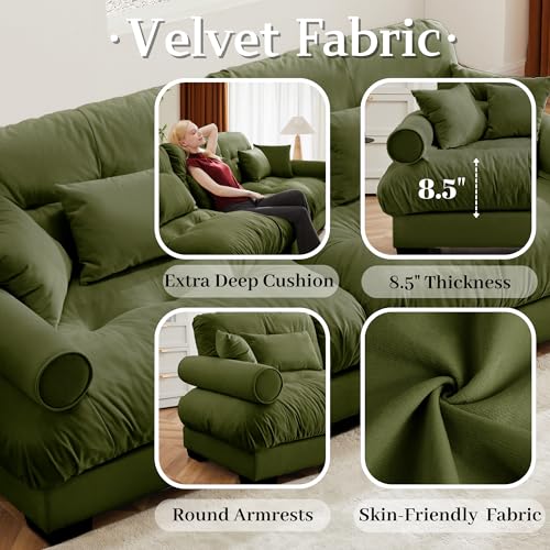 130" Modular Sectional Sofa with Movable Ottoman, Velvet Upholstered, Green Y4976