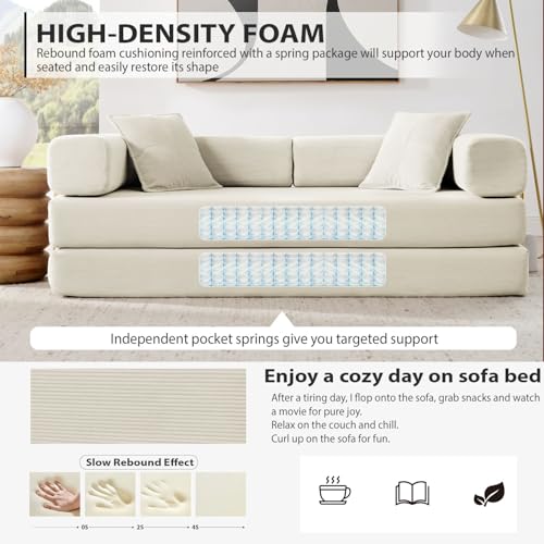 4-in-1 Folding Convertible Sofa Bed, 78 Inch Corduroy Loveseat Sleeper, Beige Y504328