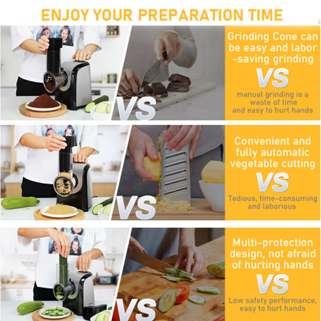 Qhomic Electric Cheese Grater 5-in-1 Vegetable Slicer with One-Touch Control, 150W Y199