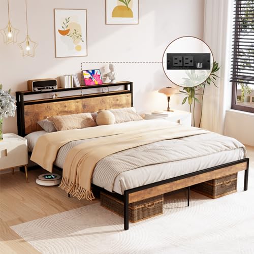 Queen Size Bed Frame with 4 Storage Drawers, LED, Charging Station, Gray L1115