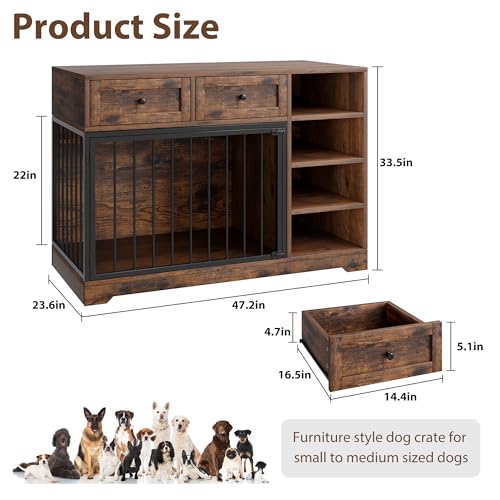 IDEALHOUSE 47" Large Dog Crate Furniture with 2 Drawers, Wooden Kennel for Medium Large Dogs, Black W8906