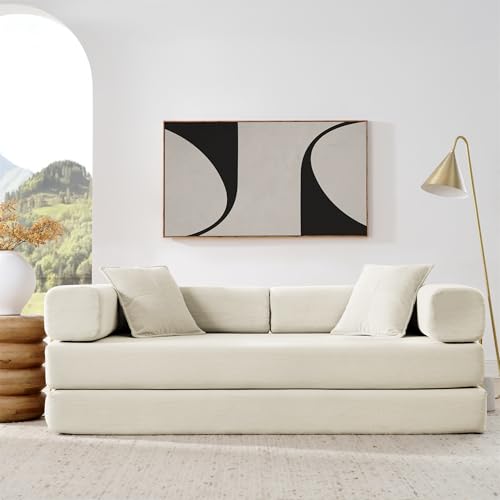 4-in-1 Folding Convertible Sofa Bed, 78 Inch Corduroy Loveseat Sleeper, Beige Y504328
