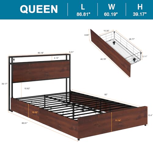 Queen Size Bed Frame with 4 Storage Drawers, LED, Charging Station, Gray L1115