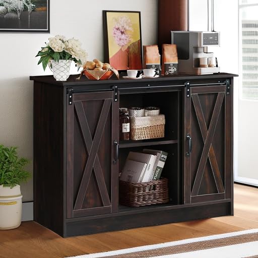 4 EVER WINNER Coffee Bar Cabinet with Sliding Barn Doors, 42" Sideboard Buffet, Espresso O37010