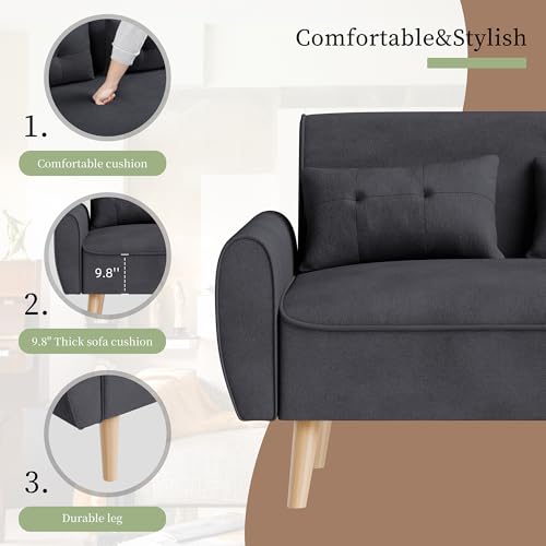 Vongrasig 47" Modern Loveseat Sofa, Mid Century Linen Fabric, Dark Gray O910