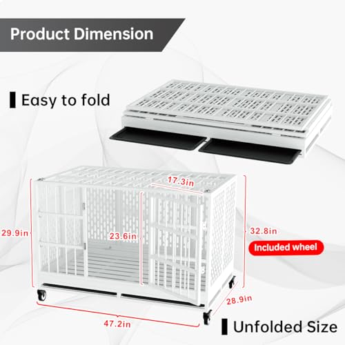 Heavy Duty Dog Crate with Wheels for Large Dogs, Folding Metal Cage with Removable Tray R395