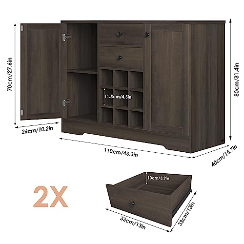 Farmhouse Buffet Sideboard Bar Cabinet with Storage, Dark Brown A255