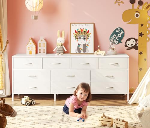 Huuger 63 Inch Dresser with 10 Fabric Drawers, Rustic Brown M836