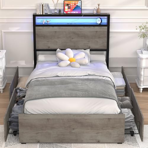 Queen Size Bed Frame with 4 Storage Drawers, LED, Charging Station, Gray L1115