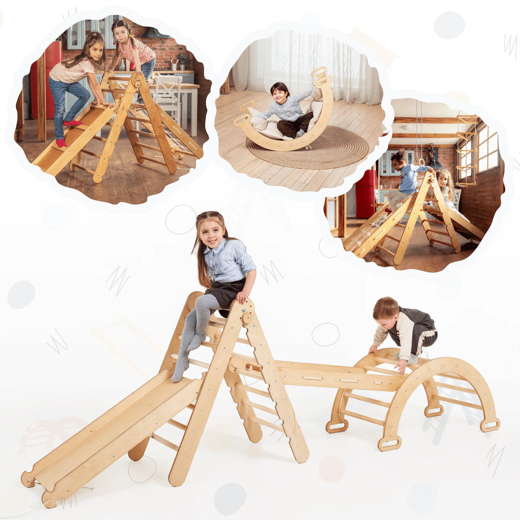 Montessori Wooden Foldable Indoor Playground with Climbing Arch, Slide Board & Spider Net for Kids K504037