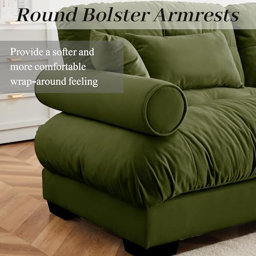 130" Modular Sectional Sofa with Movable Ottoman, Velvet Upholstered, Green Y4976