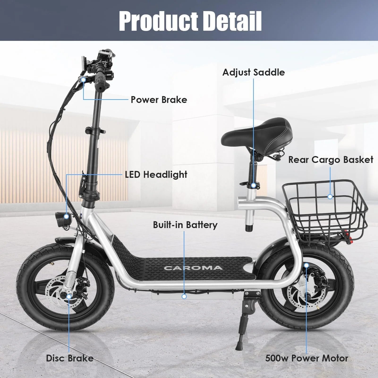 Caroma 500W Electric Scooter with Seat for Adult, 14 inch, 20 MPH F719250