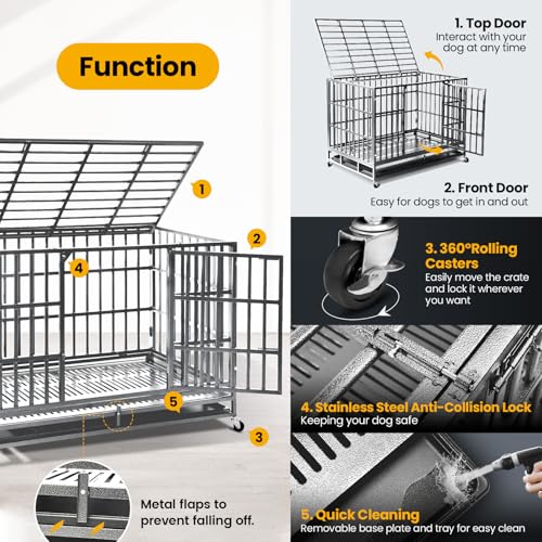 Oranland 48 inch Heavy Duty Dog Crate for Large Dogs, Double Door with Wheels J273901