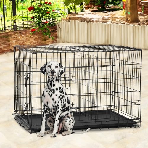 BestPet 42 Inch Folding Metal Wire Dog Crate with Double-Door and Removable Tray O49217