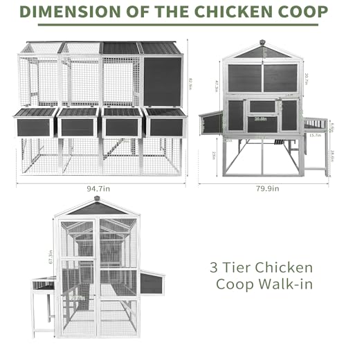 Wooden Chicken Coop with Run – 3-Tier Walk-in Poultry House for 8-10 Chickens, Gray A87110