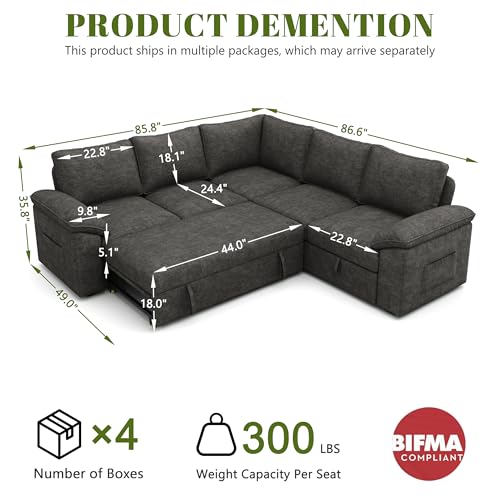 108 Inch U-Shaped Sectional Sleeper Sofa with Pull Out Bed, Dark Grey J60928