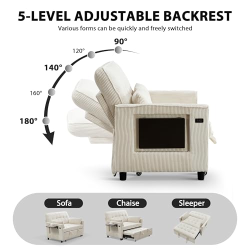 Corduroy Sleeper Sofa Bed with USB Port and Side Pockets, Beige I998