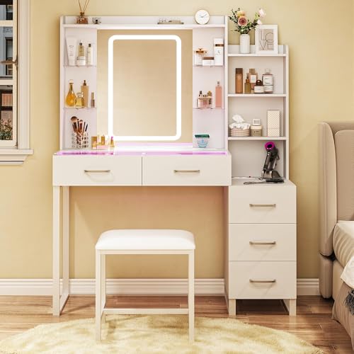 White Vanity Desk with Mirror and LED Lights, Wireless Charging L6741