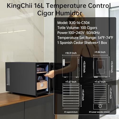 KingChii 16L Electric Cigar Humidor Cabinet with Temperature Control and Spanish Cedar Shelves H300