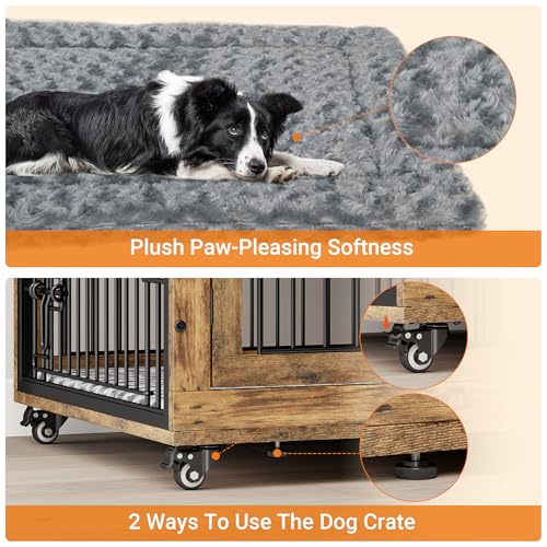 Lulive Dog Crate Furniture for Medium Dogs, 32" Wooden Kennel with Cushion & Wheels, Grey D230281