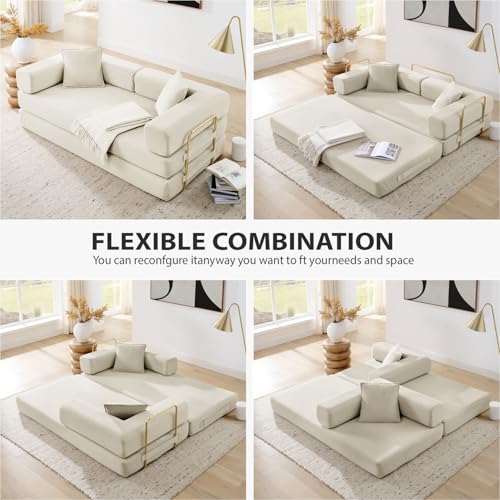 4-in-1 Folding Convertible Sofa Bed, 78 Inch Corduroy Loveseat Sleeper, Beige Y504328