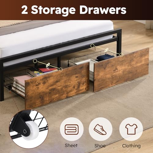 Queen Size Bed Frame with 4 Storage Drawers, LED, Charging Station, Gray L1115