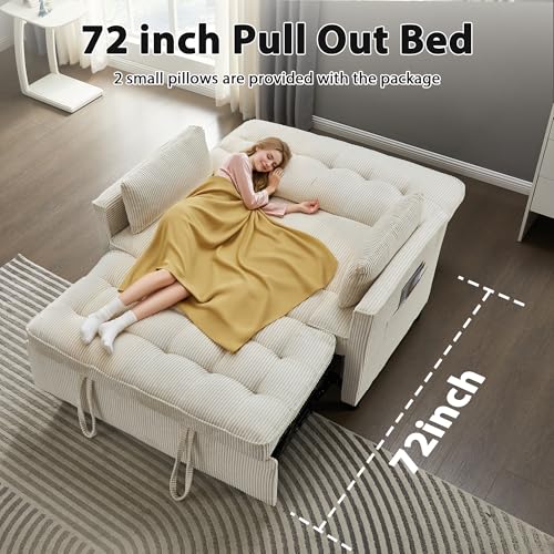 Corduroy Sleeper Sofa Bed with USB Port and Side Pockets, Beige I998