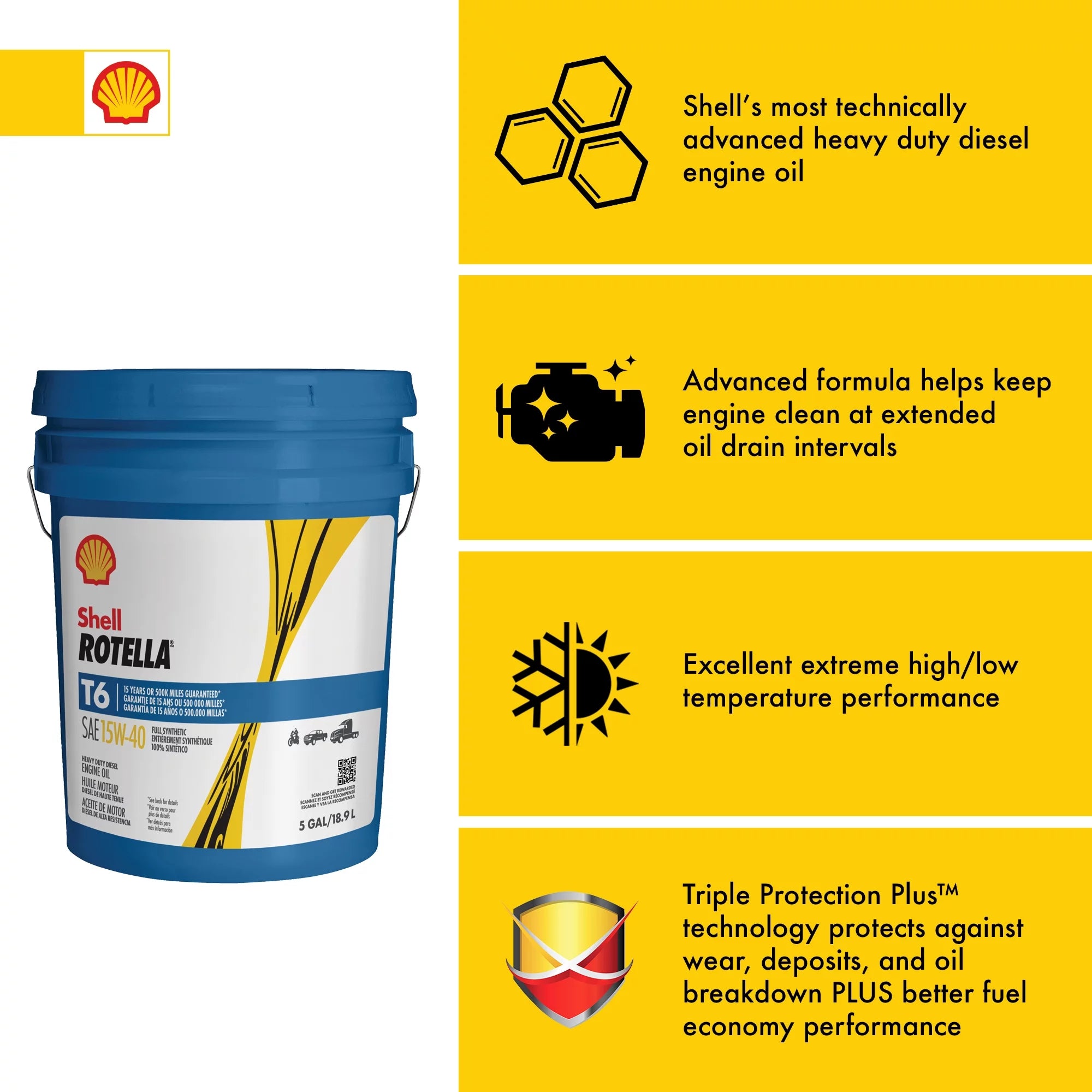 Shell Rotella T6 Full Synthetic 15W-40 Diesel Engine Oil 5 Gallon H90171
