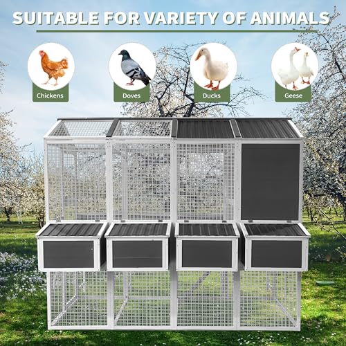 Wooden Chicken Coop with Run – 3-Tier Walk-in Poultry House for 8-10 Chickens, Gray A87110
