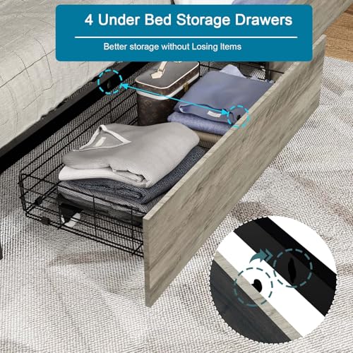 Full Size Bed Frame with Headboard, LED Lights, 4 Storage Drawers, Charging Station, Black C93321