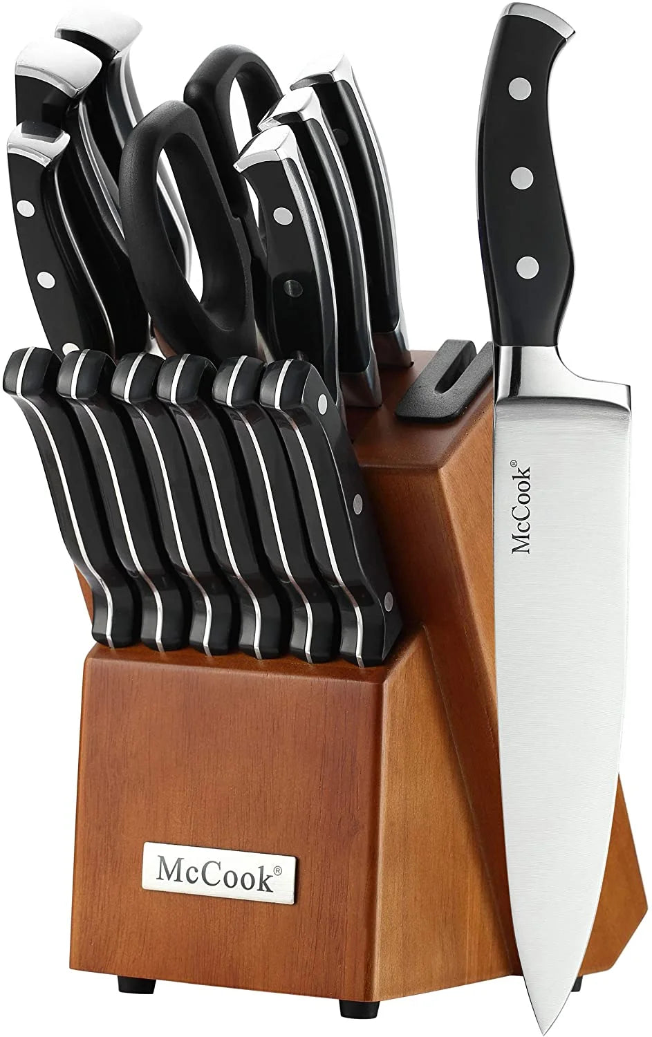 McCook MC23A 15-Piece Kitchen Knife Block Set with Built-in Sharpener V1329
