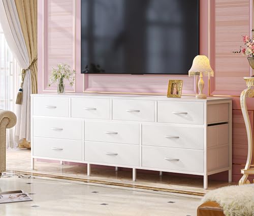 Huuger 63 Inch Dresser with 10 Fabric Drawers, Rustic Brown M836