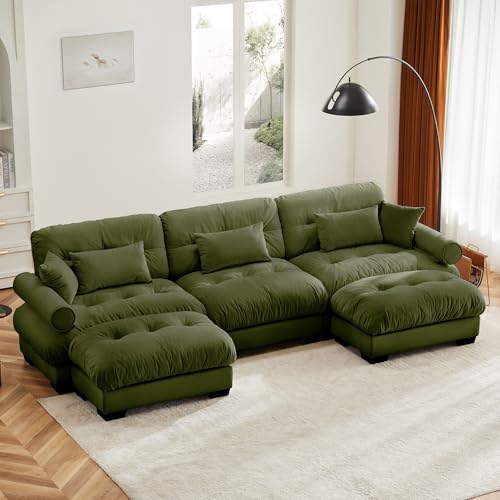 130" Modular Sectional Sofa with Movable Ottoman, Velvet Upholstered, Green Y4976