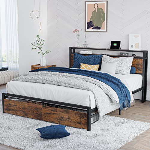 LIKIMIO King Bed Frame with Storage Headboard and Charging Station, Vintage Brown X317