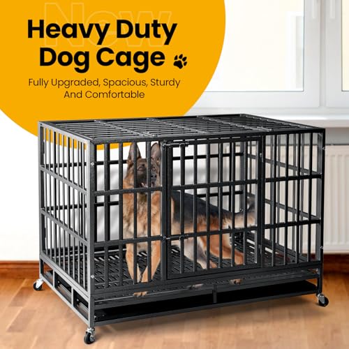 Oranland 48 inch Heavy Duty Dog Crate for Large Dogs, Double Door with Wheels J273901
