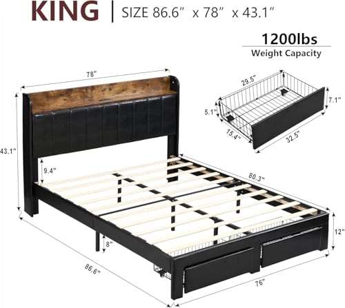 Queen Bed Frame with Headboard & Charging Station, Upholstered, 2 Storage Drawers, White T9445