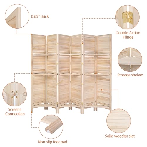 Bonnlo 6 Panel Wood Room Divider with Shelves, 6 FT Folding Privacy Screen T6528