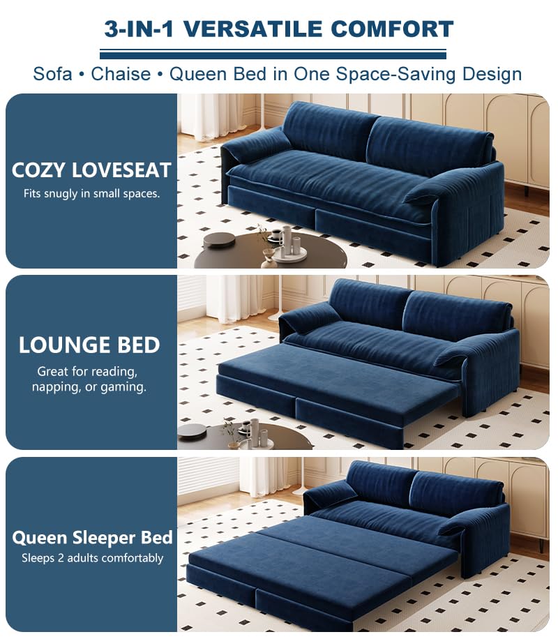 Queen Size Futon Sofa Bed with 2 Pillows, Blue V9731