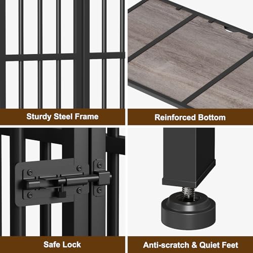 Easycom 41" Foldable Dog Crate Furniture with Adjustable Bowls, Rustic Brown M74490