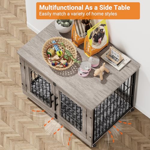 Lulive Dog Crate Furniture for Medium Dogs, 32" Wooden Kennel with Cushion & Wheels, Grey D230281