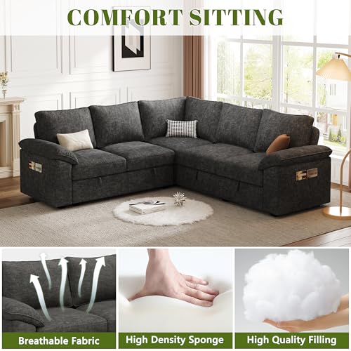 108 Inch U-Shaped Sectional Sleeper Sofa with Pull Out Bed, Dark Grey J60928