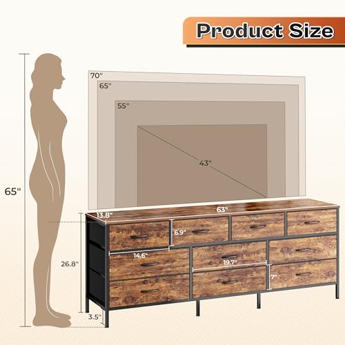 Huuger 63 Inch Dresser with 10 Fabric Drawers, Rustic Brown M836