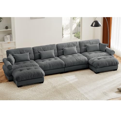130" Modular Sectional Sofa with Movable Ottoman, Velvet Upholstered, Green Y4976