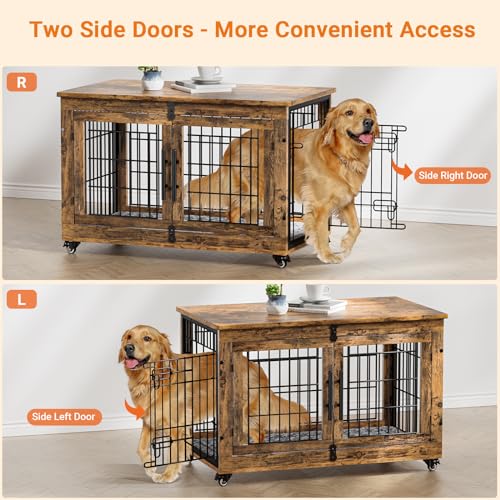 Lulive Dog Crate Furniture for Medium Dogs, 32" Wooden Kennel with Cushion & Wheels, Grey D230281