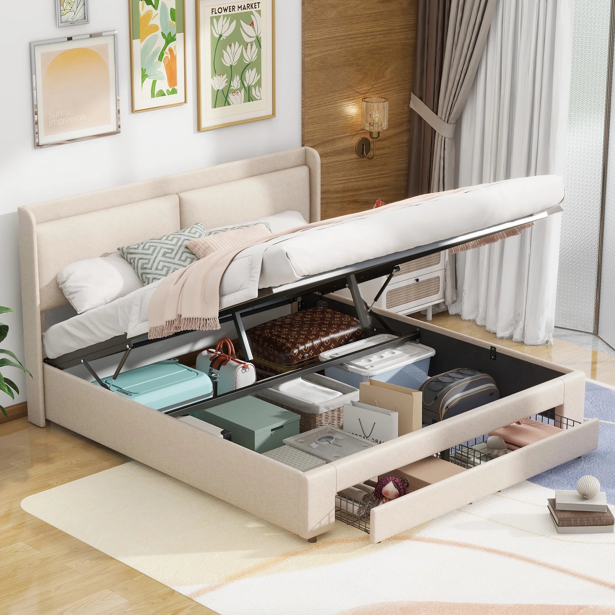 Churanty Queen Size Upholstered Platform Bed with Underbed Storage and Hydraulic System.Wood Platform Bed Frame with Headboard and 2 Drawers.Beige